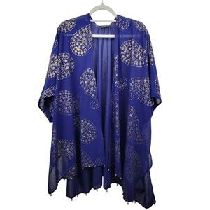 Uno Alla Volta Royal Blue Purplish Sheer  Kimono W/Gold Shiny Pattern One Size